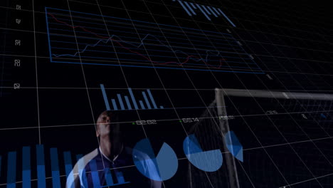 Animación-De-Gráficos-De-Datos-Financieros-Sobre-Un-Jugador-De-Fútbol-De-Pie-Cerca-Del-Poste-De-La-Portería