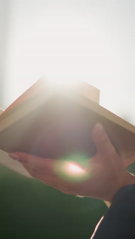 sunlight reflects off pages of book held by woman in black signet seated outdoors, as wind gently blows through the open pages. background is softly blurred