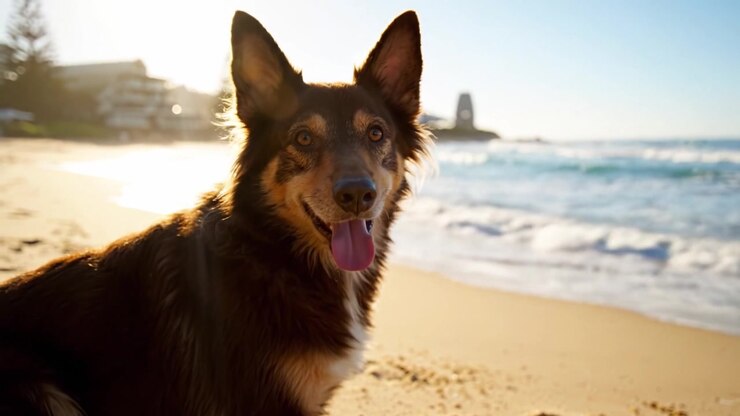 Un sereno momento canino: Un bellissimo cane che osserva le onde dell'oceano mentre si gode una tranquilla alba in spiaggia, catturando l'essenza della beatitudine costiera e della bellezza naturale