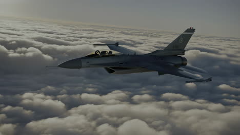 f-16 fighter jet flying above clouds
