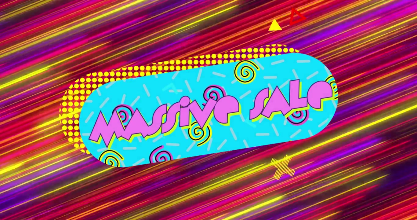 Animazione di un enorme banner di testo "saldi" su scie luminose colorate in un motivo continuo.
