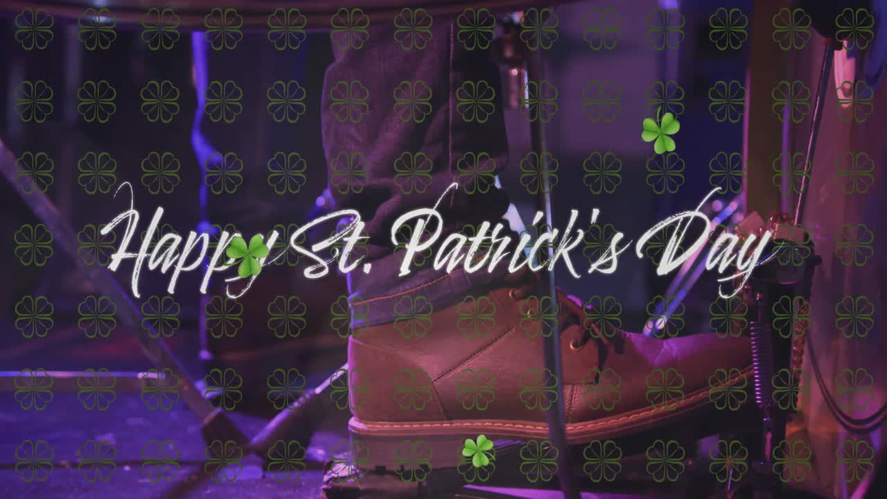 Animation of happy st patrick's day text and clover icons over man playing drums