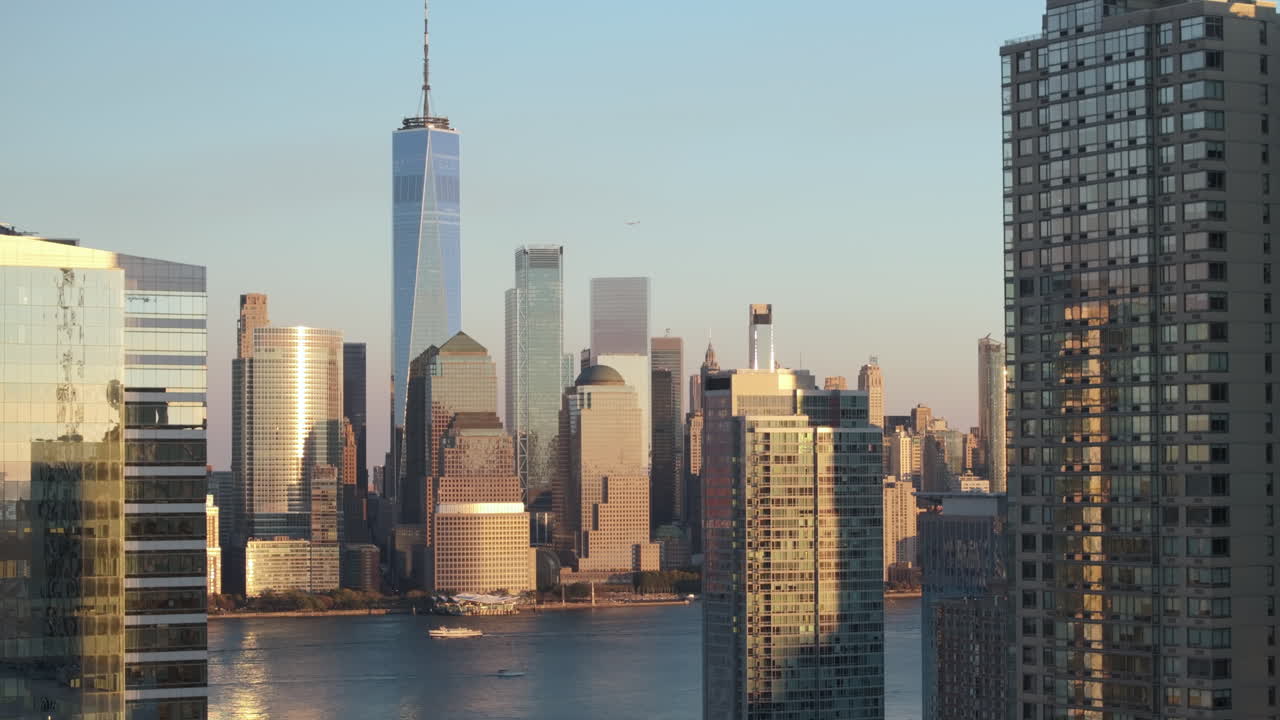 Aerial view of the World Trade Center at dusk. Shot during the autumn in Hoboken, New Jersey.