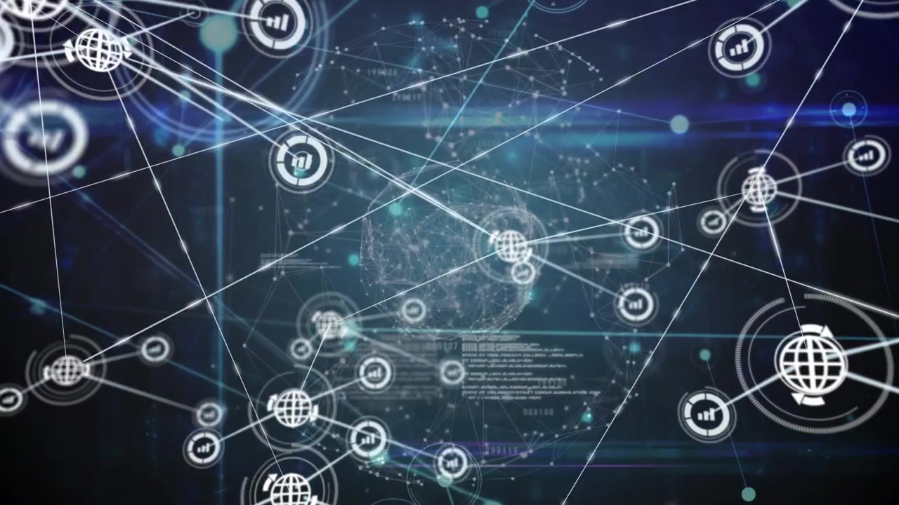 Animation of network of profile icons and globe of network of connections against blue background
