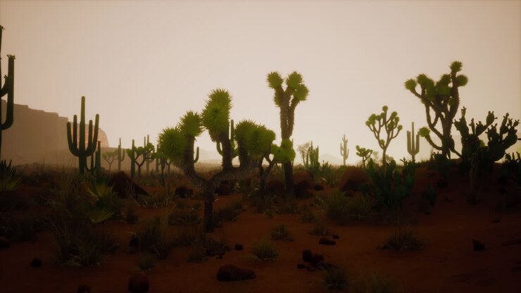 Sunset view of the Arizona desert with Saguaro cacti and mountains