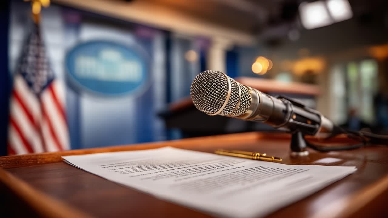 A Close-Up View of a Microphone and Speech Document Set Against the Backdrop of a Press Conference Setting, Reflecting the Atmosphere of Political Discourse