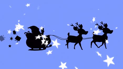 Animation-Der-Schwarzen-Silhouette-Des-Weihnachtsmanns-Im-Schlitten,-Der-Von-Rentieren-Gezogen-Wird,-Während-Sterne-Herunterfallen