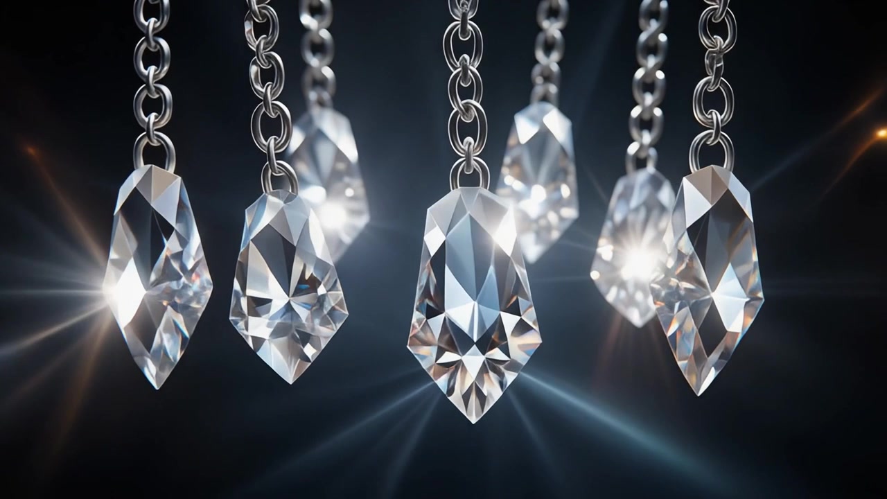 Group of Sparkling Diamond Pendants Hanging on Silver Chains