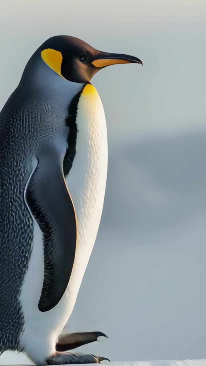 Vertical video: Emerging Emperor penguin raising flipper and scanning horizon on ice, copy space