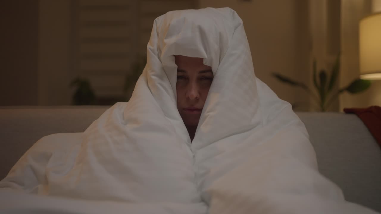 mujer cubierta de una manta en un sofá