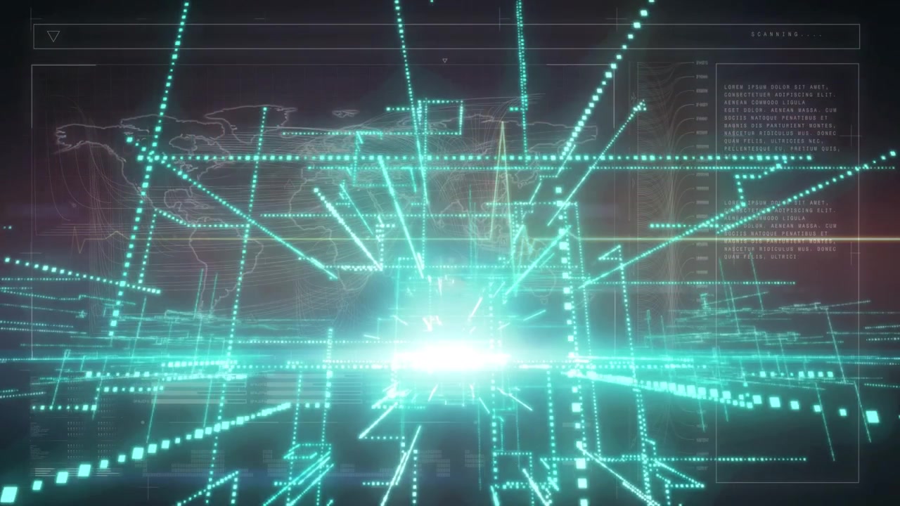 Animation of brown digital screen with diverse data processing and green lights