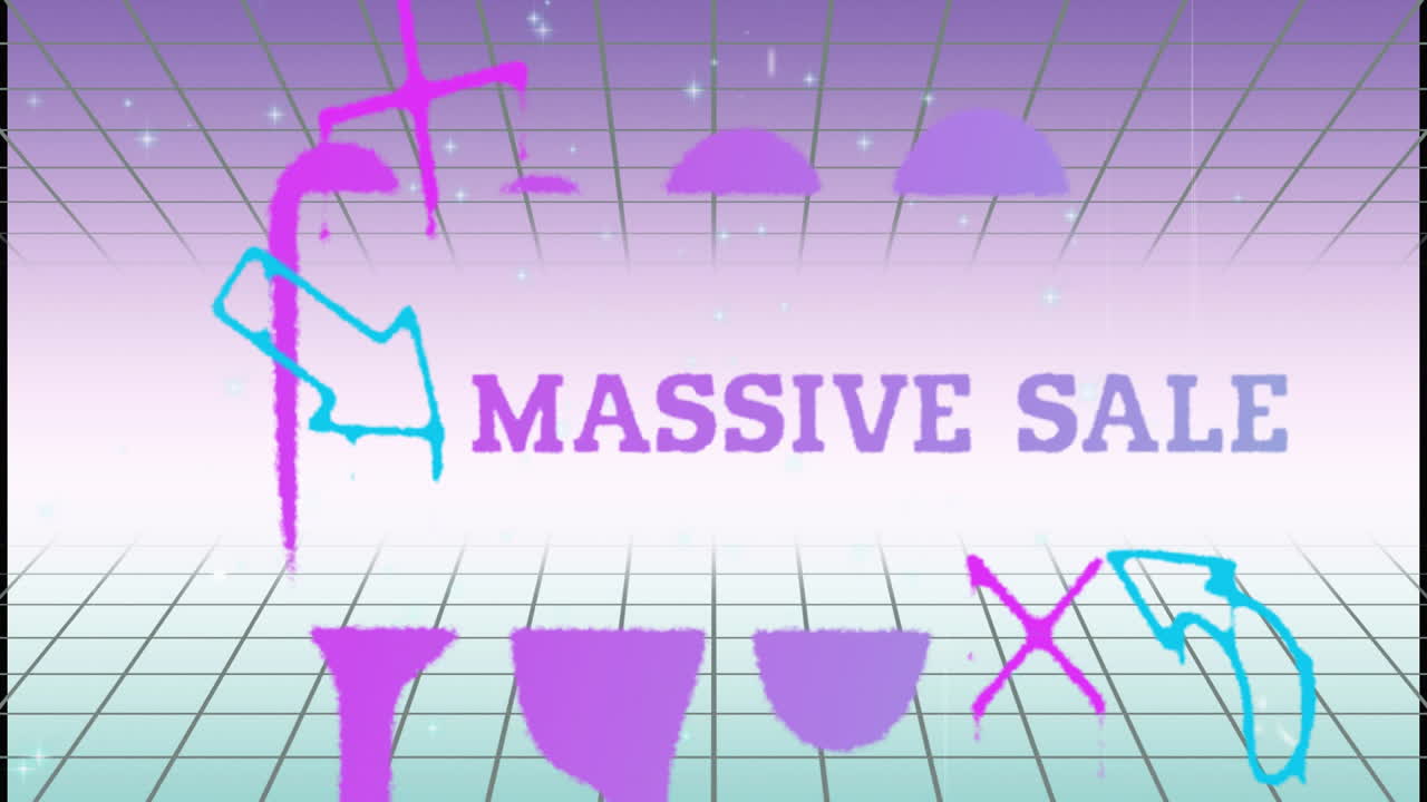 Colorful geometric shapes with Massive Sale text on grid background