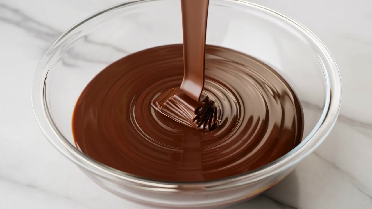 Un denso flusso di cioccolato scorre continuamente al centro di una ciotola trasparente, creando onde circolari che si espandono e riflessi luminosi mentre la fotocamera mantiene una composizione stabile angolata dall'alto