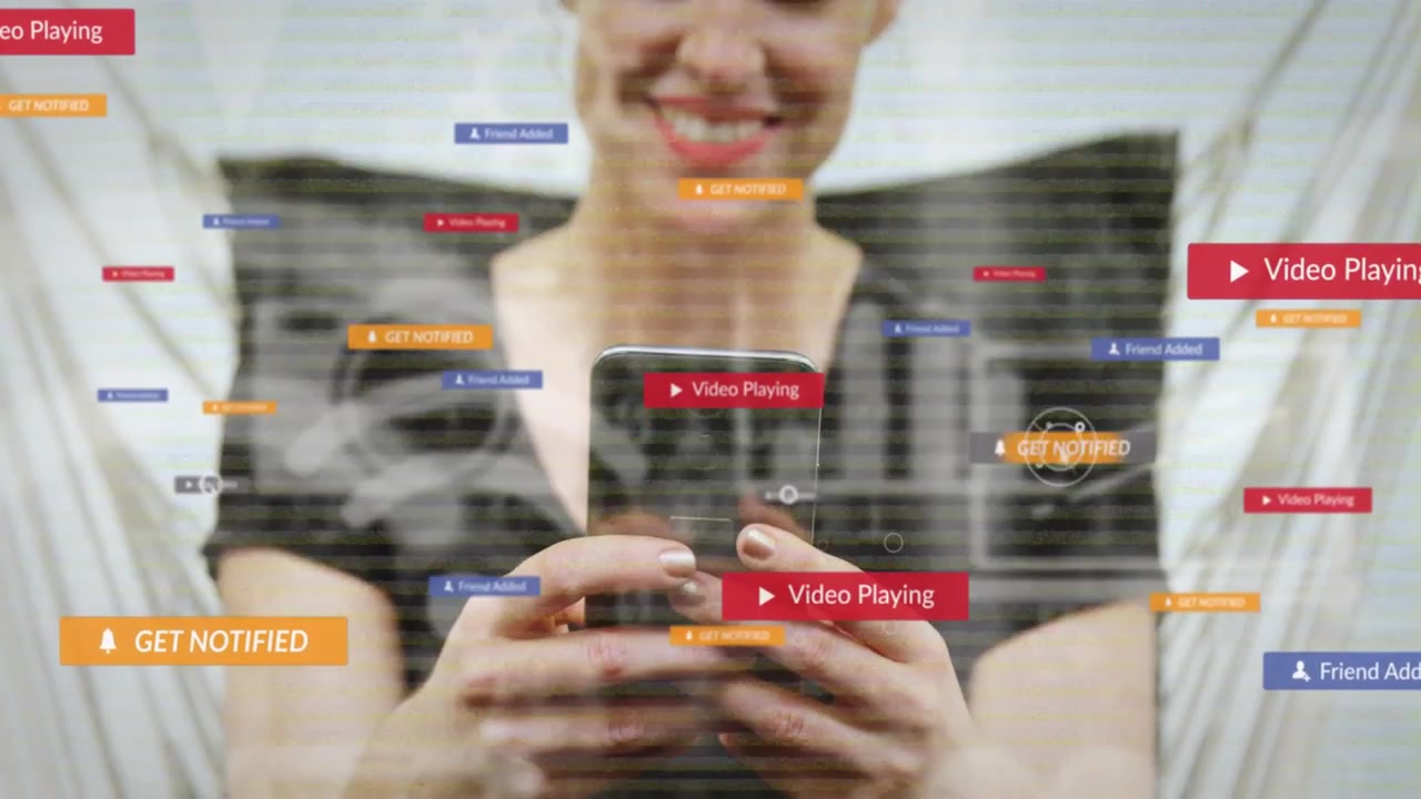 UI overlays appearing and growing, woman holding phone smiling and tapping while receiving alerts