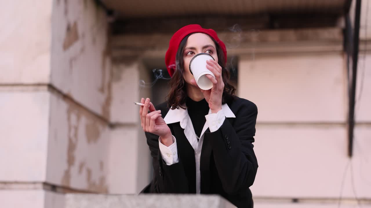 Una mujer está de pie en la calle tomando café y fumando un cigarrillo
