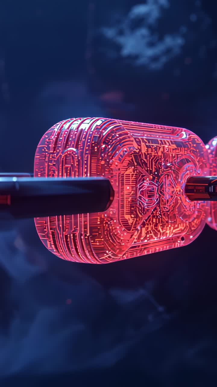 Vertical video: Clamp gripping glowing etched cylinder rotating in void, rod engaging aperture