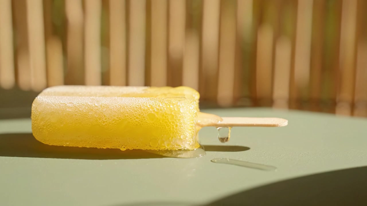 Deliciosa Paleta Amarilla Derritiéndose sobre una Superficie Verde con un Suave Resplandor de Luz Natural, el Postre de Verano Perfecto que Captura Vibras Refrescantes y Dulce Placer