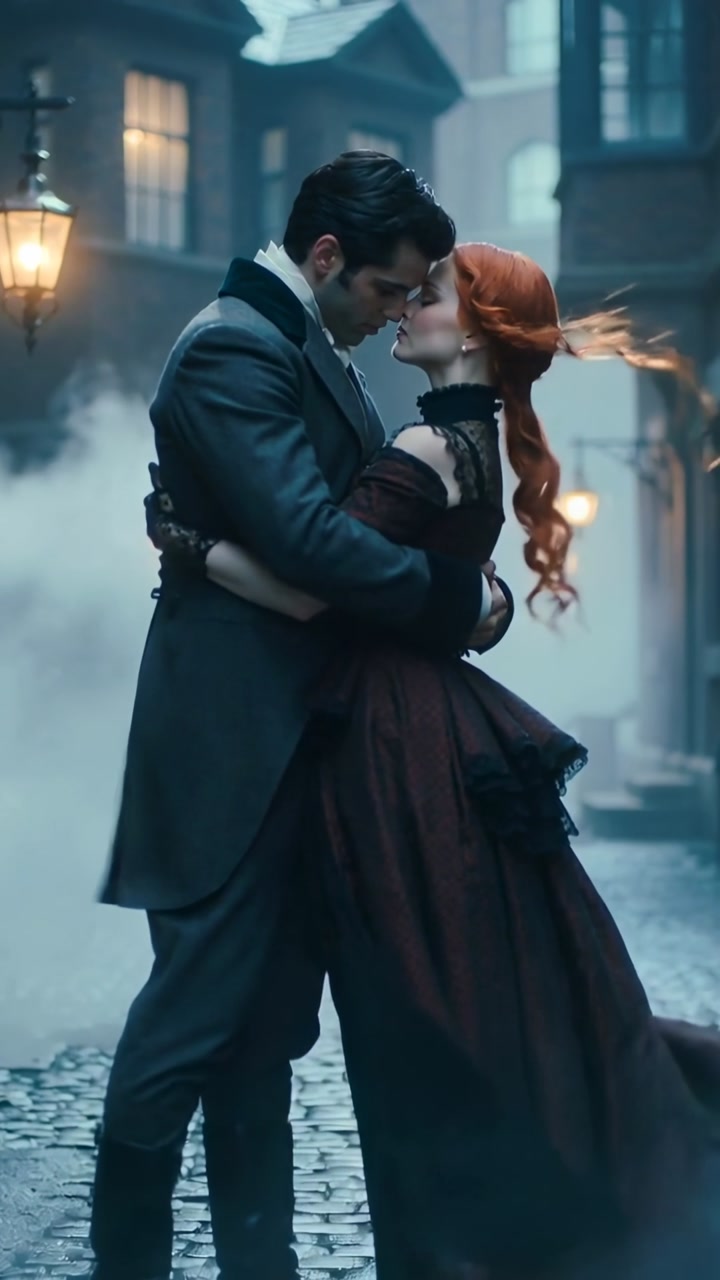 Vertical video: Stepping, man pulling woman in gown close on fog cobble lane by gas lamps, romantic