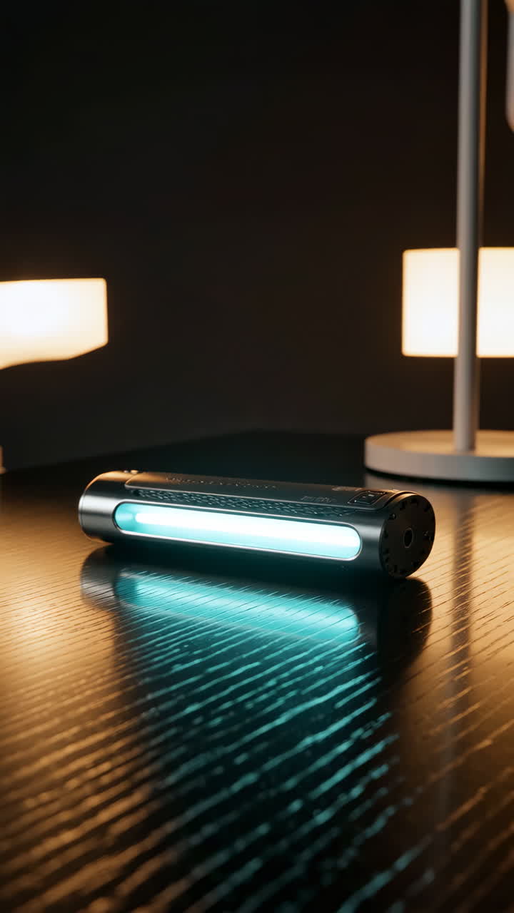 A futuristic portable UV sterilizer or germicidal lamp glowing on a wooden table