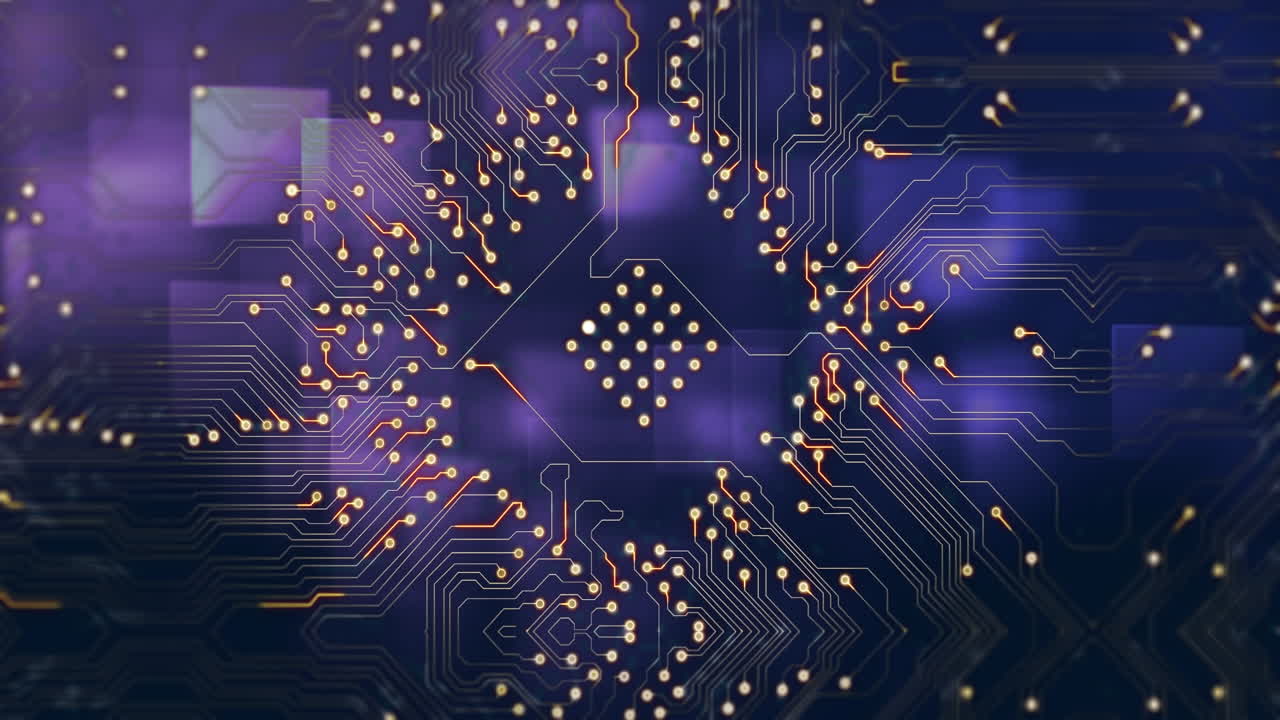 사각형으로 보라색 배경에 통합 회로의 애니메이션