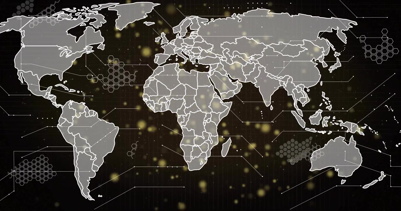 Drifting particles sparking world map, borders tracing, hex clusters pulsing, visualizing network