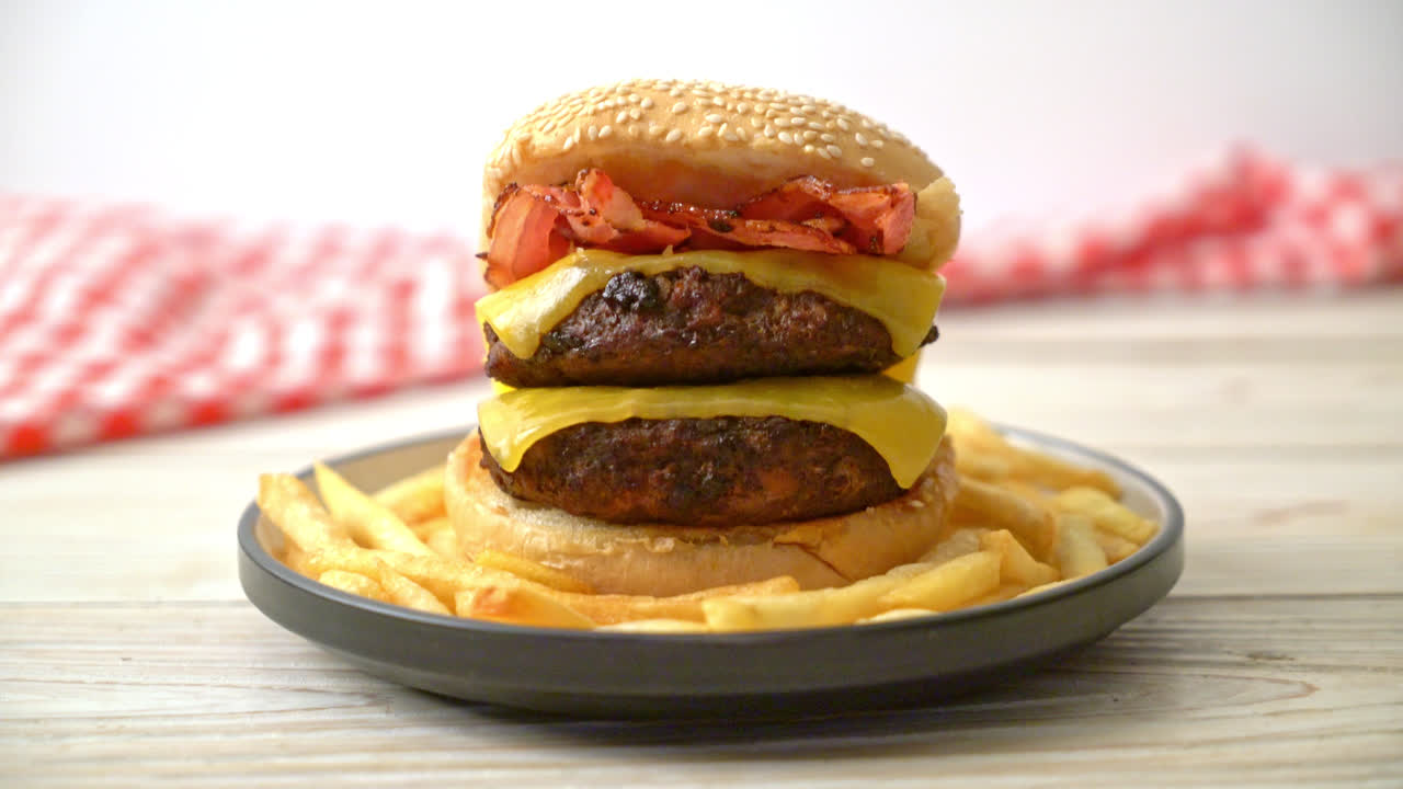 hamburguesas o hamburguesas de ternera con queso, tocino y papas fritas - estilo de comida poco saludable