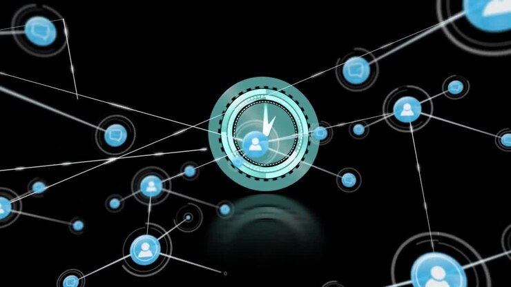 Animation of network of connections with icons over moving clock on black background