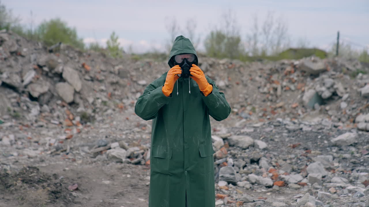 Ecologist in safety suit on ruined building background. Person in gas mask and protective clothes stands in dangerous place after chemical attack