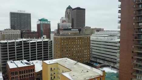 downtown des moines, iowa on cold winter day