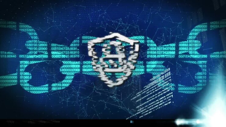 Animation of hud interface with blockchains, shield and graphs with dots interconnecting lines