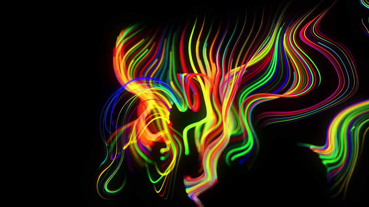 Abstract background flow of glow lines. Running lights particles form in 3d space glowing beautiful curved lines like ball of wires burning with neon light. Beautiful looped creative background in 4k.