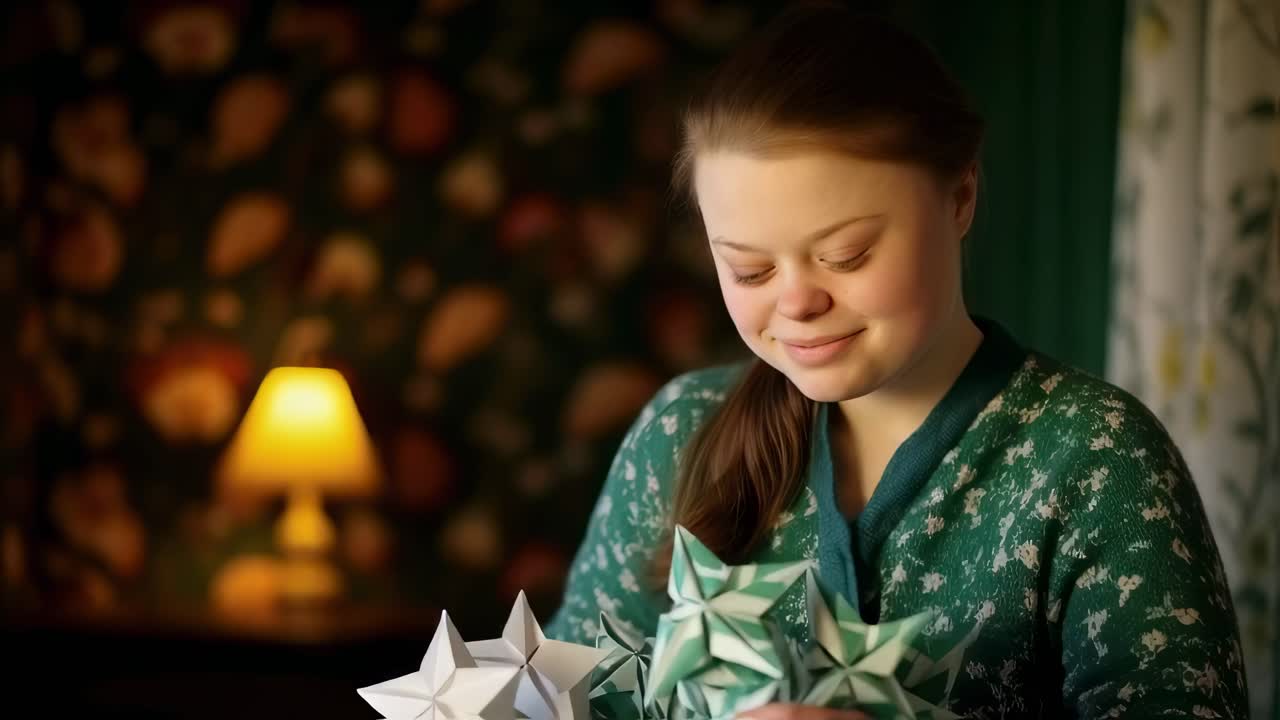 Young woman decorating home interior hanging handcrafted paper ornaments on Christmas tree with blurred lights in background enjoying festive atmosphere preparing for winter holidays