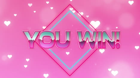 animación de usted ganar texto sobre iconos de corazón en fondo rosa