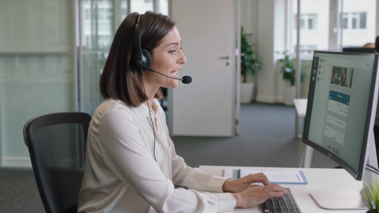 Kvinna i vit blus svarar på ny chatt, talar i headset och skriver på tangentbord på kontoret, med utrymme för text.