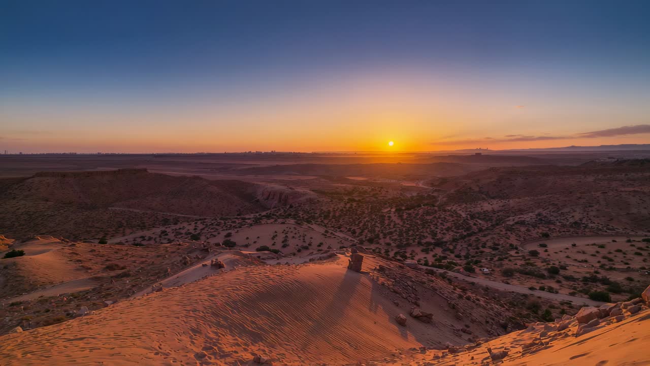 Gazing adult wearing dark outerwear watching sun descending over dune crest to capture long shadow