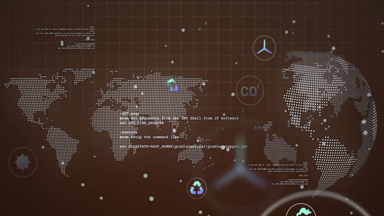 다중 디지털 아이콘의 애니메이션과 세계 지도와 회전하는 지구에 대한 데이터 처리