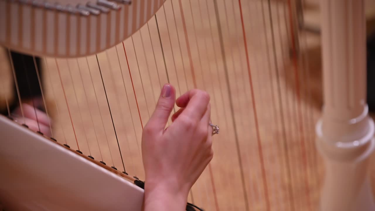 A woman playing the harp with her hands during an event.