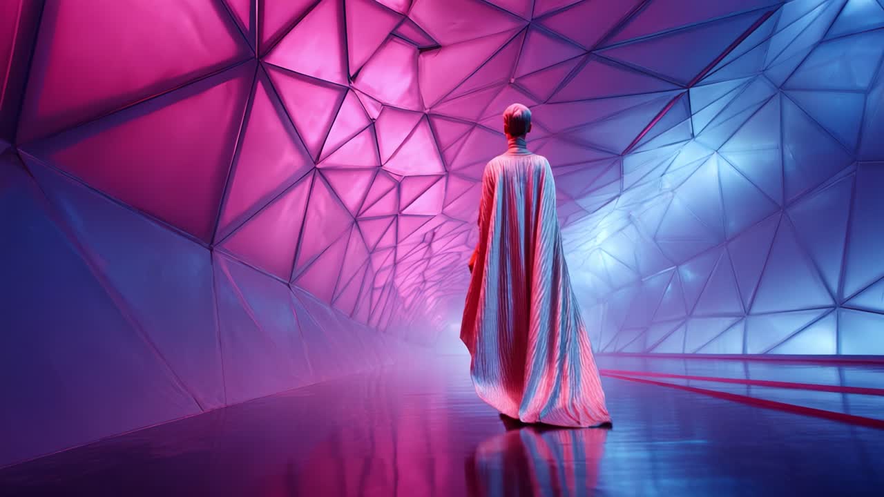 A solitary figure clad in a flowing cape walks through a futuristic tunnel illuminated with vibrant pink and blue lighting, enhancing the surreal atmosphere and creating a sense of mystery