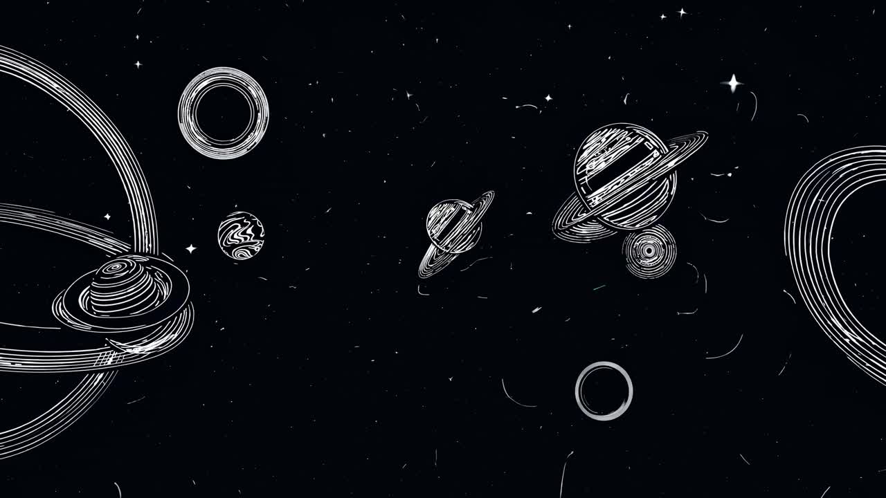 Aerial view of a cosmic video scene with swirling, abstract line art planets against a starry black