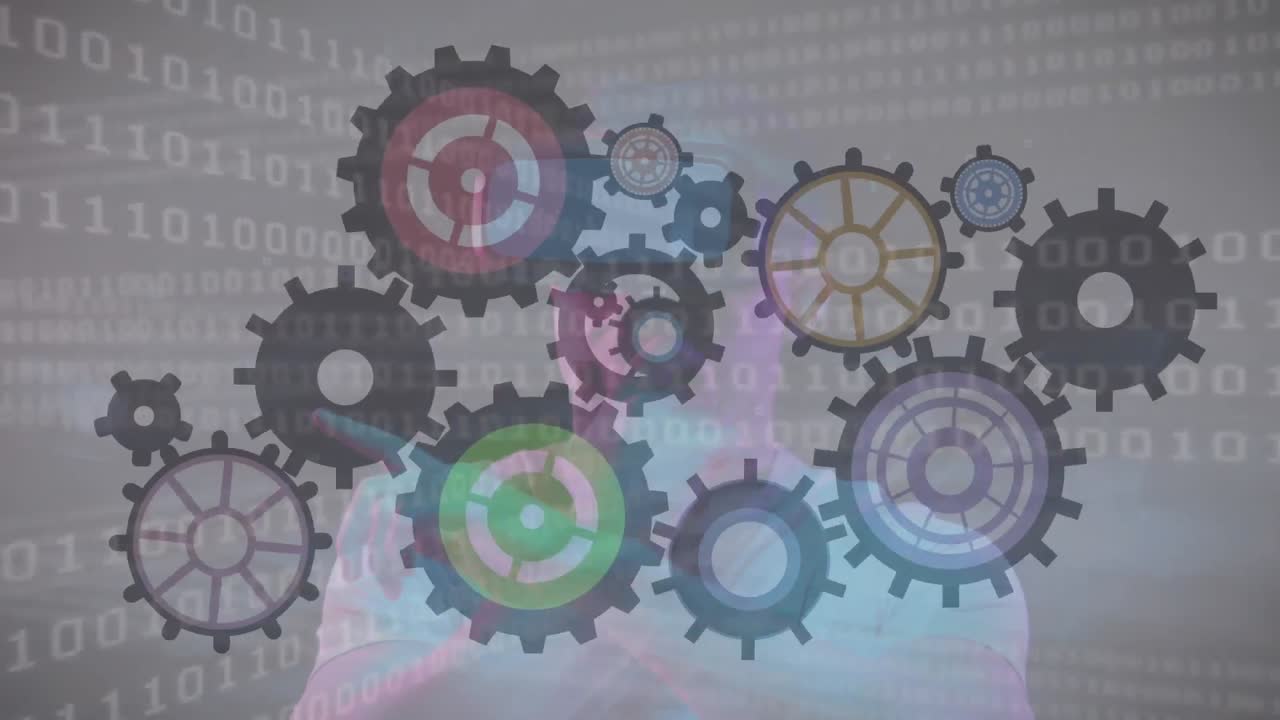 animación de engranajes girando sobre codificación binaria y hombre usando auriculares vr