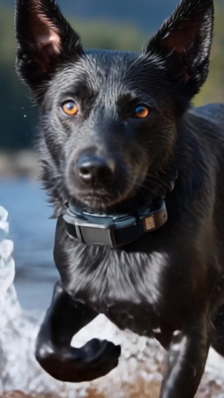 Un gioioso cane nero che si precipita nell'acqua, catturando lo spirito di giocosità e avventura nel suo glorioso ambiente naturale.