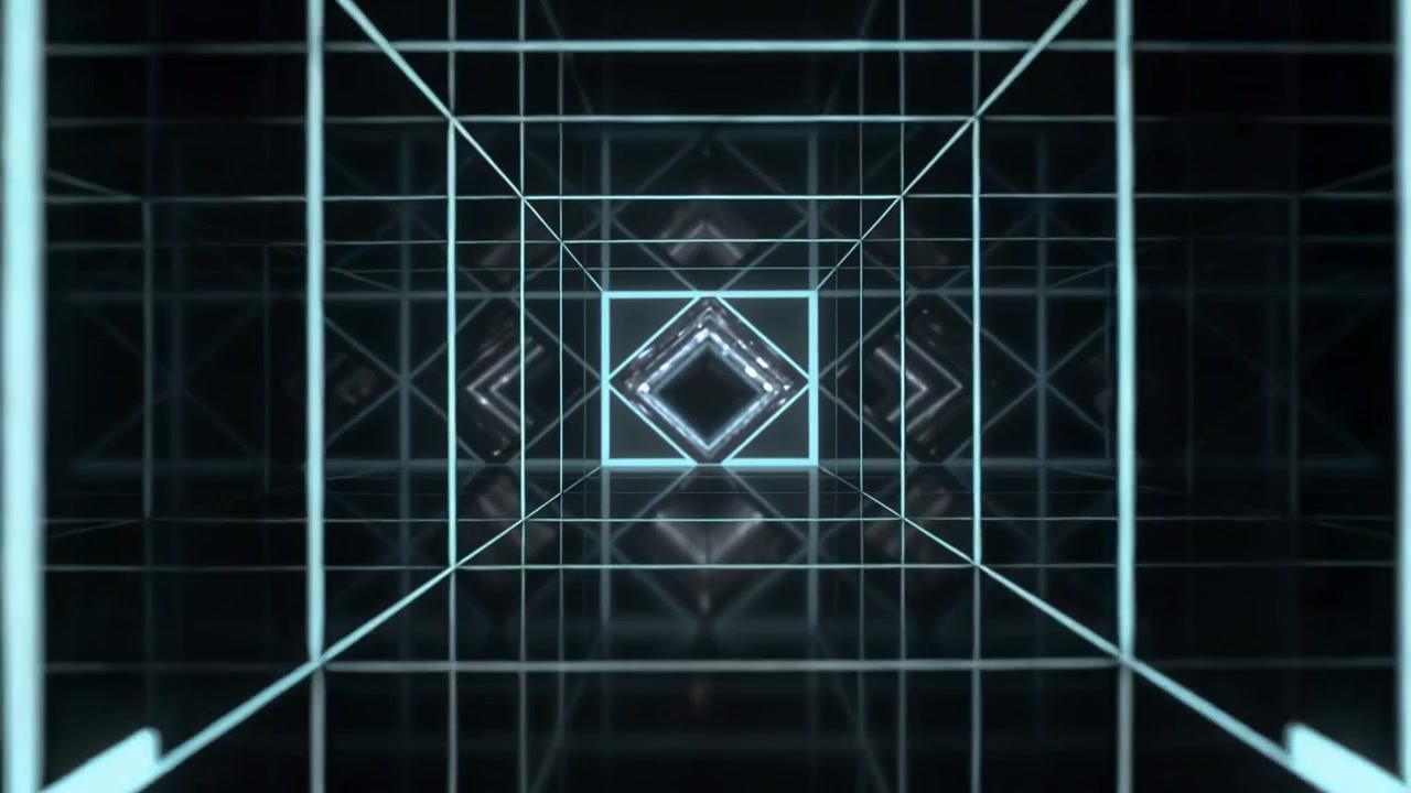 Advancing view through mirrored tunnel, central rotating diamond mirroring cyan grid, drawing focus