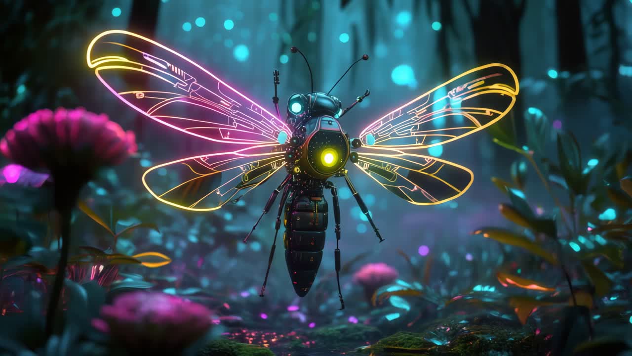 Insetto robot luminoso in una foresta magica