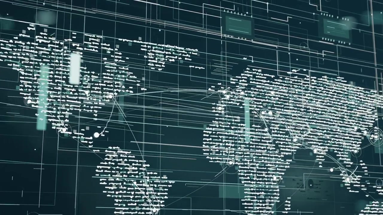 Starting camera panning text-map revealing Eurasia, Australia on teal display, showing node pulses