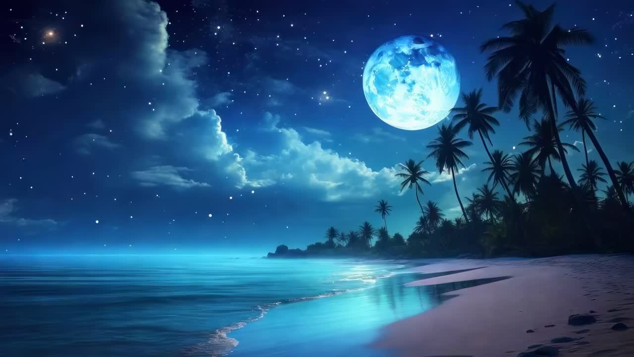 A serene beach under a starry night sky with a full moon. The video captures a wide-angle view