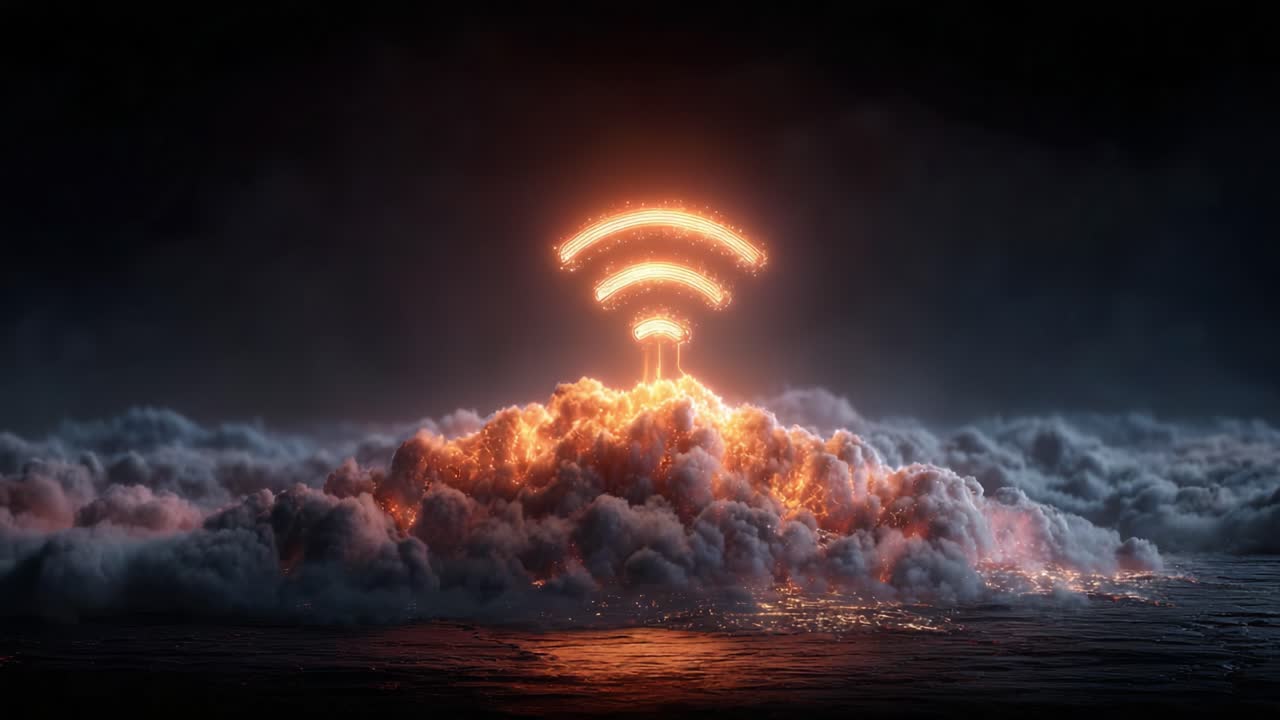 A dramatic illustration of a fiery wifi symbol emerging from a turbulent cloud, representing the surge of connectivity and technology amidst chaos and darkness