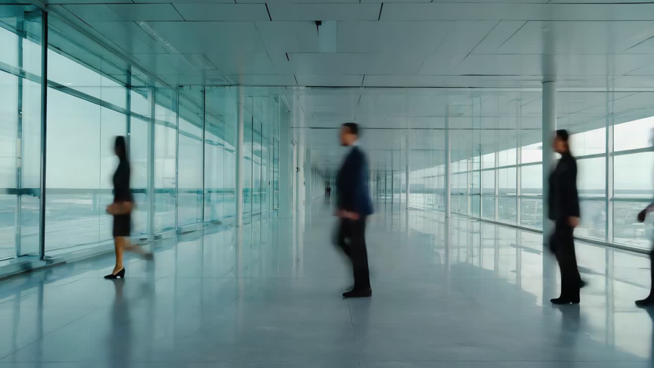 Business People with Motion Blur Walking in a Modern Airport Corridor