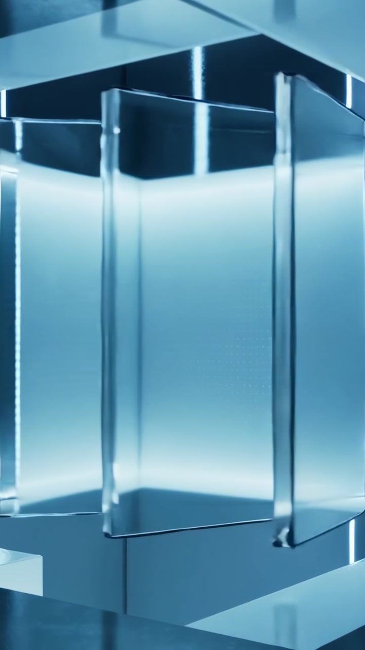 Vertical video: Rotating glass panels shifting on mirror base, subtle rotations causing blue glow