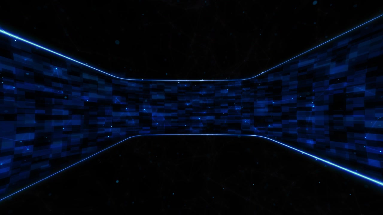 Futuristic blue pixel room visual with curved side walls bright neon edges dark center space and