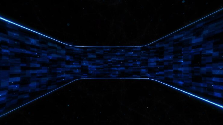 Futuristic blue pixel room visual with curved side walls bright neon edges dark center space and